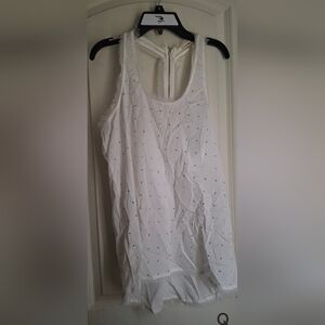 Doble Zero Beaded Elegant White Sleeveless Tank Top Zipper Back Semi Sheer Angel